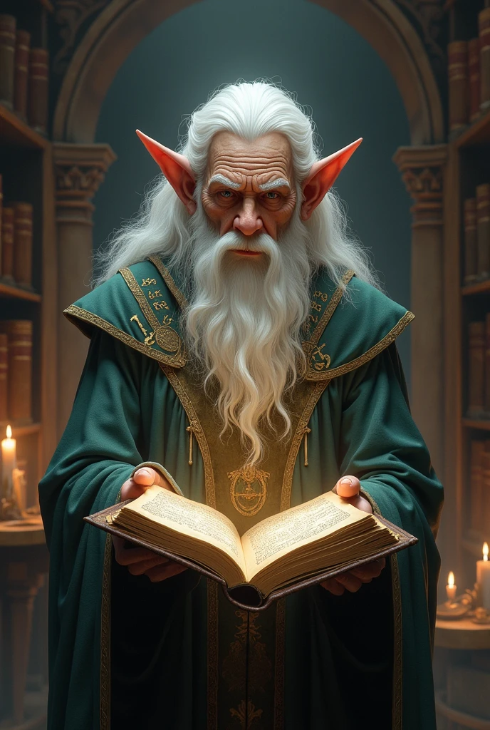 elf with wavy white hair and grimoire in hand teaching magic