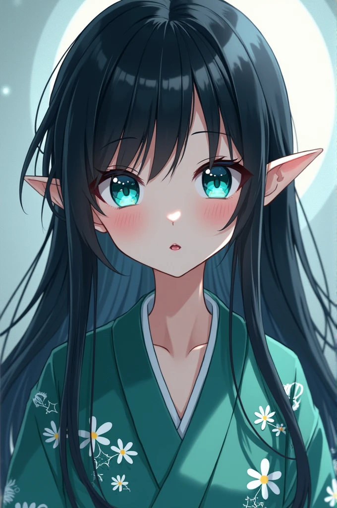 Black haired deep ocean eye elf wearing yukata anime style