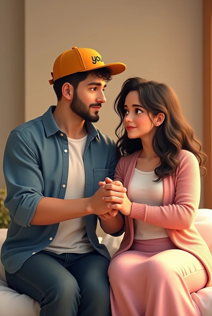A fit guy wearing a rusty blue shirt with buttons closed till the top and looks neat and a yellow cap that has YOURS written in black infront of it he had thin shaved beard and short hair also and is wearing a black jeans who is sitting on the bed on the right side and a cute chubby girl wearing a light pink and white colored long dress that has a elbow length light pink colored coatie and her hair comes bit lower than her shoulders and she is sitting on the left of the guy on the same bed holding the guys hand and they hold each others hand in crossed fists of each other and facing us at the front screen