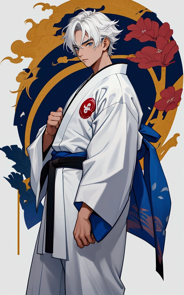 Create a character with the following description: character description: kor e Aparência Geral: kor: 18 years Constitution: Young and thin Height: 1,73 meters (considerably high for his age group) Occupation: Still in high school Interests: He dedicates his free time to training in a Taekwondo dojo Clothing: kimono: Wears a traditional Taekwondo kimono, which is a typical outfit for practicing the sport. range: range branca, indicating that he is starting out in Taekwondo. Cores do kimono: The kimono is traditionally white, and he wears white pants that match the kimono, being the typical look for beginners. Physical Characteristics: body hair: blackw, wavy and short. Hair is styled so that it does not interfere with training, but maintains a young and modern style. eyeballs: blue, standing out as a striking feature on your face.