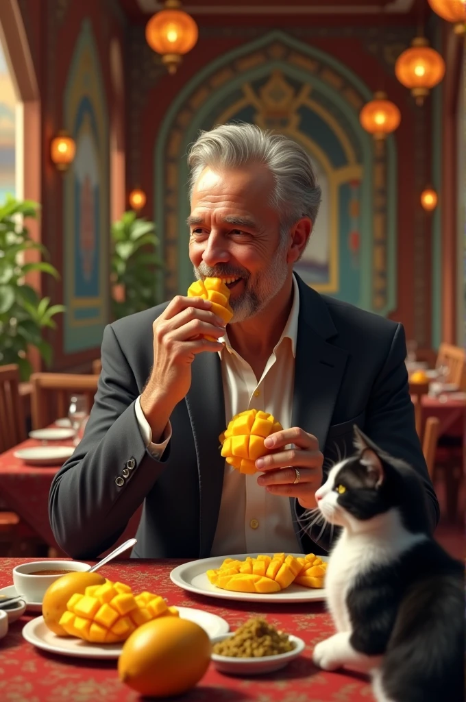 A man eat mangoes with a black and white cat in indian restaurant