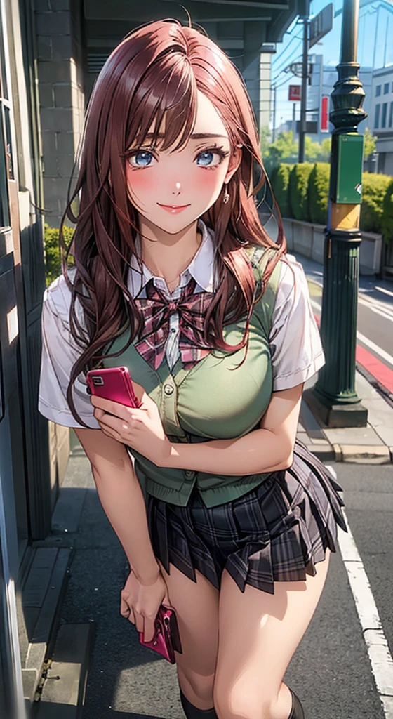 (masterpiece:1.2, Highest quality), (Realistic, photoRealistic:1.4), Beautiful illustrations, (Natural Side Lighting, Cinema Lighting), Browsing Caution, 
View your viewers, 1 person, Japanese, high school girl, ((Holding a smartphone in hand)), Perfect Face, Cute and symmetrical face, Glowing Skin, 
(Long Hair:1.8, Medium:1.7, Bright eyebrows), bangs, Hair between the eyes, , blue eyes, Long eyelashes, (Large Breasts:0.8, Thick thighs), thin, Dark red hair ribbon, 
Beautiful Hair, Beautiful Face, Beautiful attention to detail, Beautiful clavicle, Beautiful body, Beautiful breasts, Beautiful thighs, Beautiful feet, Beautiful fingers, 
(Pleated mini skirt, socks, Red private school uniform:1.2, Light green cardigan, Red checkered pleated skirt, Black checked bow tie, Pink checked hair ribbon), Pink Panties, Big Breasts
(Beautiful views), dawn, (lamp post, Sidewalk), Are standing, Leaning forward, (Cute smile,), 