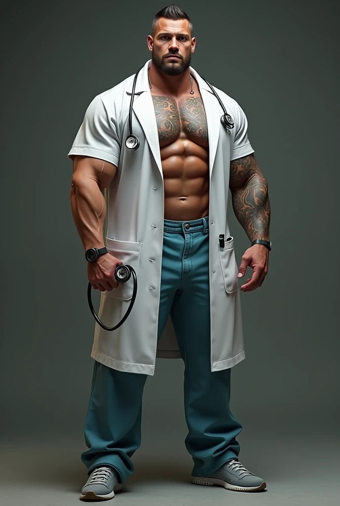 A muscular gym worker doctor, wore a half of his working white doctors suit, with heartbeat check, looking forward with tattoo 