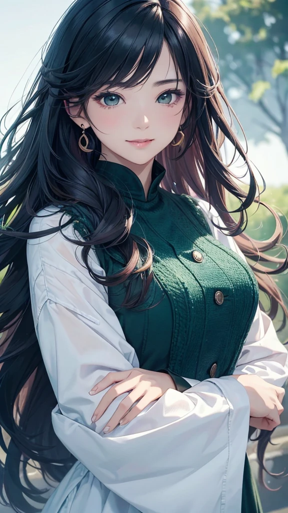 masterpiece、Highest quality、High resolution、High-quality images、8k, 1 female、Skin Radiance、Texture of skin and clothing、Expression of fine eyes、Manga inspired by Lee Jong-suk, Trending on deviantart, realism, detailed manga style, Manga art style, Perfect line drawing, Beautiful line art, digital manga art girl, K-POPアイドル, Fuller lips, Gorgeous face with attention to detail, (smile), charm, Innocent, Side view, (Perfectly detailed face), (Beautiful Hands) Photorealistic images, Written boundary depth,evening、Adult female、Long Hair、Wavy Hair、Light blue hair、Green Eyes、Long ears、Big Breasts
