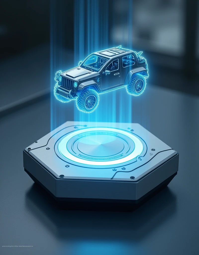 Silvery white metallic luster,This little device is a perfect hexagon,The thickest part is only a few centimeters.,On its surface, you can see a blue-white light stream pulsating slowly.,The central hexagonal area is bright,A holographic image of an armored vehicle appeared in the air