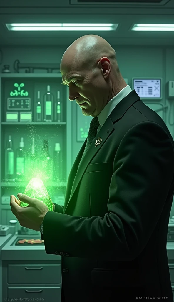 Lex Lutor in the lab with green kryptonite