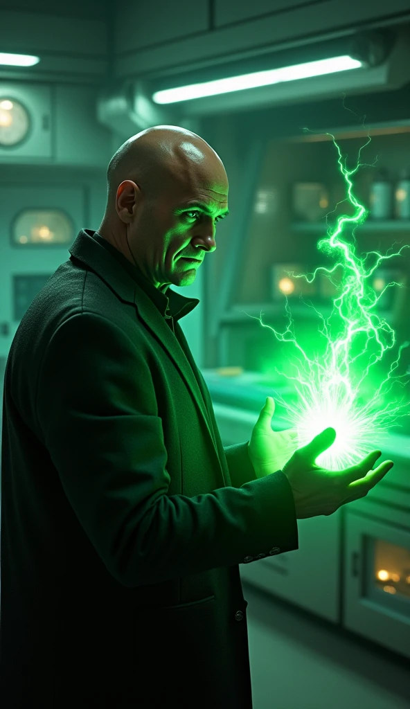 Lex Lutor in the lab with green kryptonite