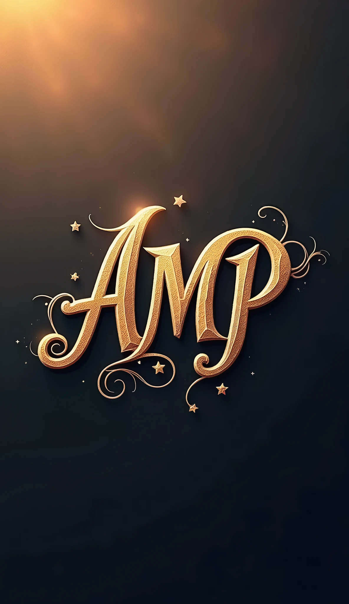 Create a logo with the letters AMP. The font should be curved and romantic. The background should appear epic. The font should almost completely fill the logo