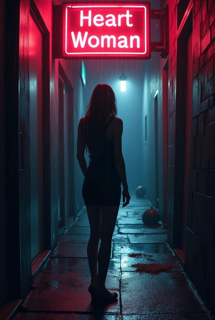 Illustrate a woman who has broken a man's heart, leaving him shattered and alone. She's standing in a deserted alleyway, her back turned to the viewer. The rain falls heavily, washing away any trace of her former love. Her silhouette is framed by a neon sign, casting an eerie glow upon her face. Her expression is one of cold indifference.