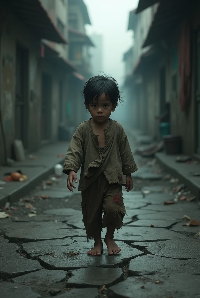 A orphan child walking on the street with bear foot