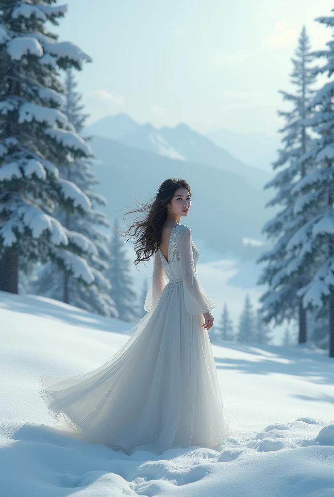 best quality, high quality, ultra quality, 8k, masterpiece, detailed, extremely detailed, insanely detailed, ultra detailed, ultra highres ,exquisite, Snow Scenery, A woman is looking back