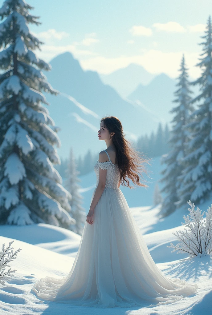 best quality, high quality, ultra quality, 8k, masterpiece, detailed, extremely detailed, insanely detailed, ultra detailed, ultra highres ,exquisite, Snow Scenery, A woman is looking back