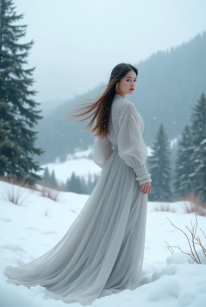 best quality, high quality, ultra quality, 8k, masterpiece, detailed, extremely detailed, insanely detailed, ultra detailed, ultra highres ,exquisite, Snow Scenery, A woman is looking back