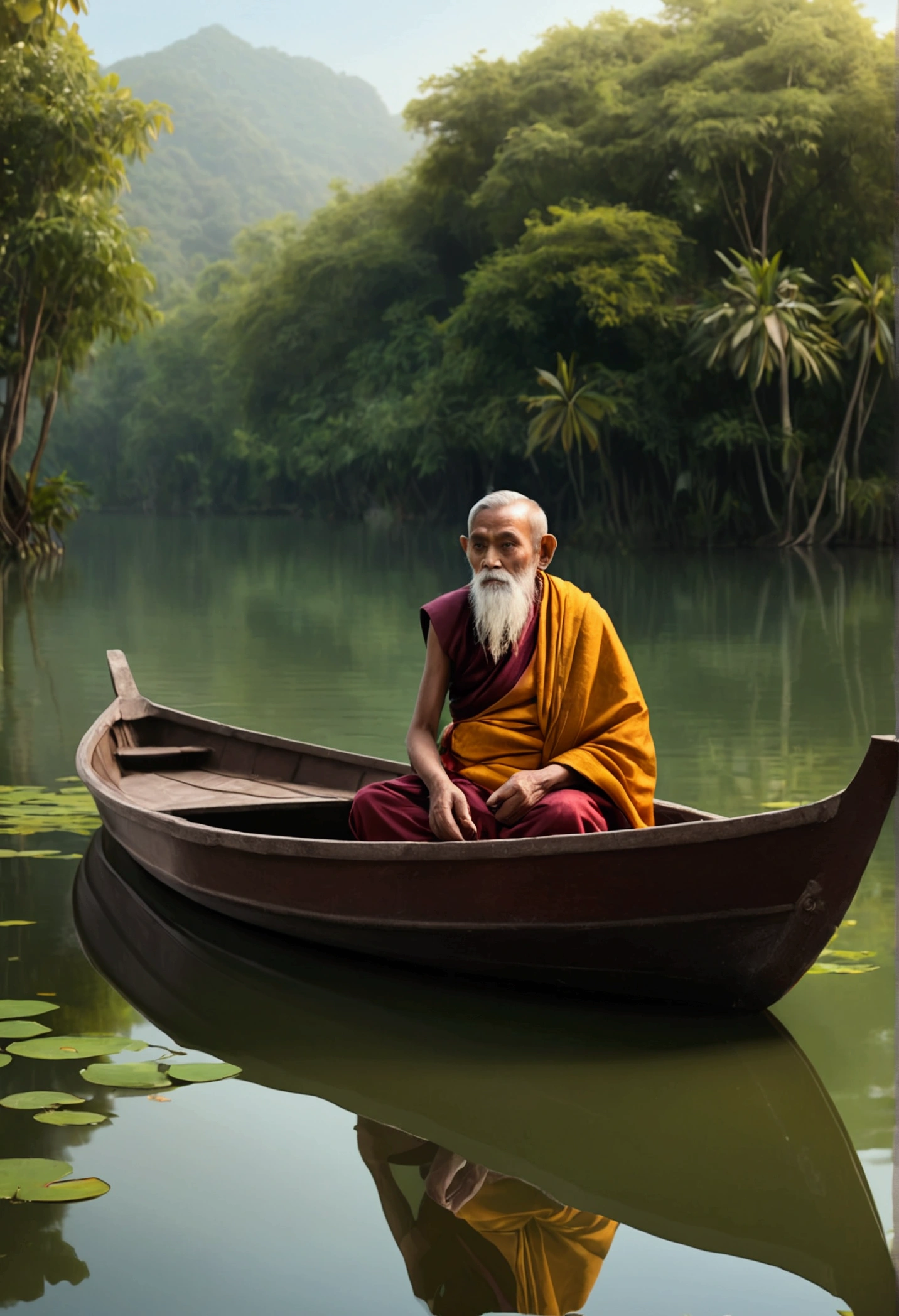 old monk on a small boat to the middle of a serene lake
