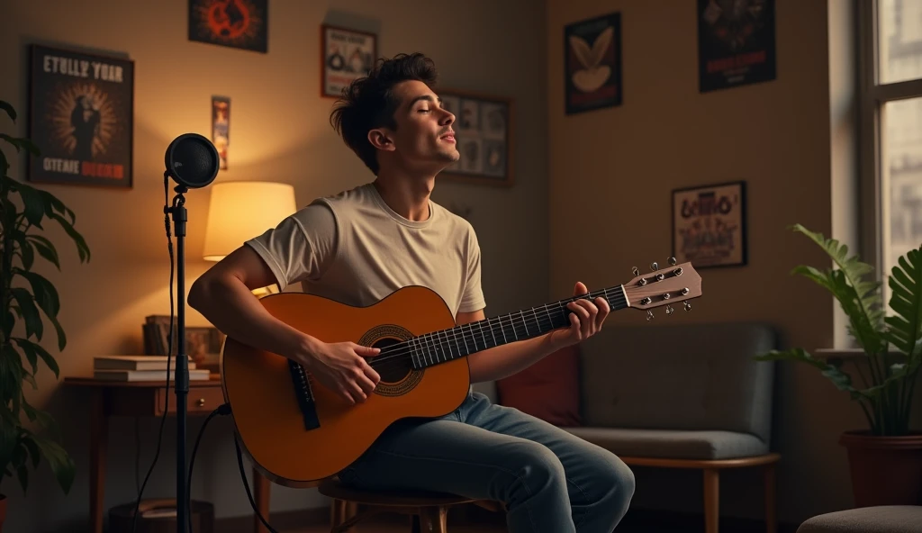 Create an image of a young male musician in his mid-30s, sitting on a stool in a cozy, dimly lit room. He's playing an acoustic guitar, with his eyes closed, fully immersed in the music. The background features soft, warm lighting with a few scattered music posters on the walls. The room has a relaxed vibe with a vintage microphone on a stand in front of him, and a small recording setup nearby. His outfit is casual, with a plain t-shirt and jeans, giving off a laid-back, passionate musician vibe."