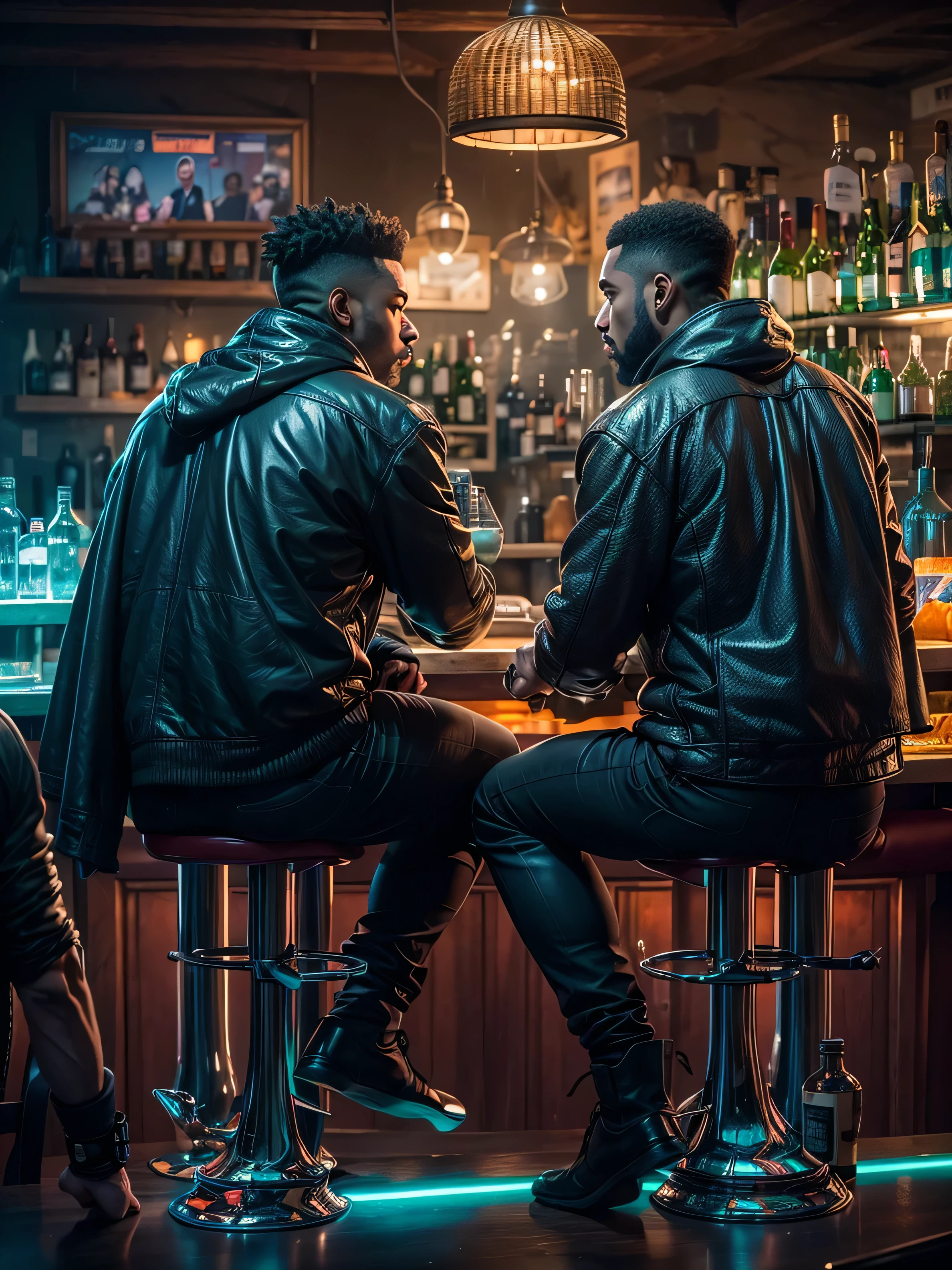 (((Masterpiece))), Sharp focus, ultra realistic,Super Resolution,Photo of 2 guys sitting at a bar, gangsta-style men, reminiscent of Jedi from Star Wars, are sitting at a bar in a cyberpunk setting in the year 2527. They are wearing capes, adding an air of mystique to their presence. The scene is captured from behind, focusing on their backs as they sit at the bar. The environment features a futuristic, high-tech atmosphere with neon lights, bioluminescent elements, and a touch of magic. The lighting is cinematic, with sharp focus, depth in vision, and vivid details that enhance the realism and otherworldly feel of the scene. (depth of field 1.3), shady ambiance