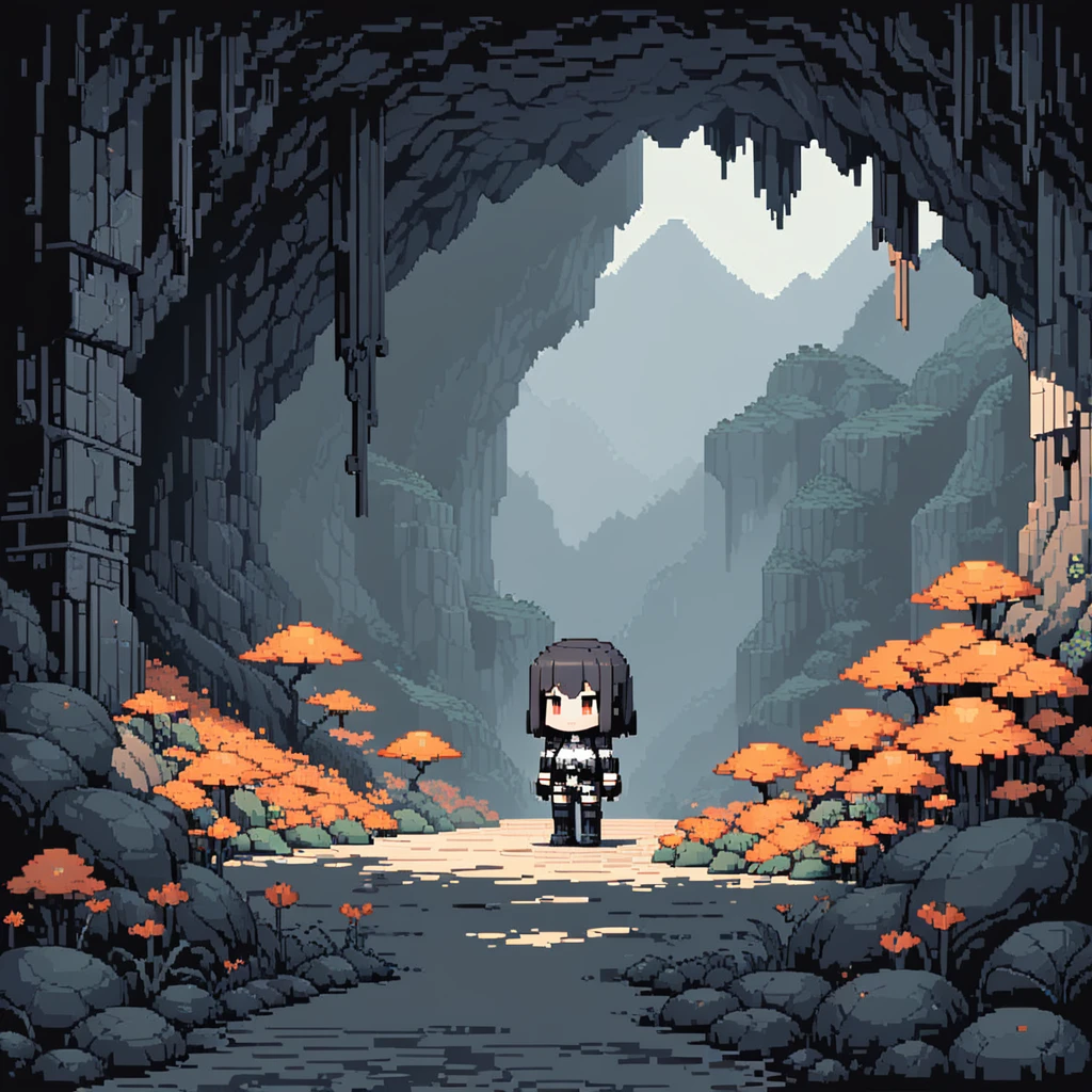 The prompt for generating a Pixel Art could be: "Pixel Art,(best quality, high resolution, detailed),(vintage, Nostalgia) color,8-bit style,Sharp lines and edges,Small Canvas,Blocky pixels,Limited color palette,Low-fidelity graphics,dark color,Iconic pixel characters, Inside the cave, hazy, Undead"