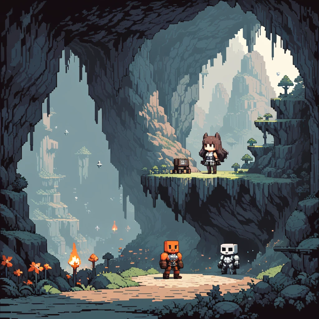 The prompt for generating a Pixel Art could be: "Pixel Art,(best quality, high resolution, detailed),(vintage, Nostalgia) color,8-bit style,Sharp lines and edges,Small Canvas,Blocky pixels,Limited color palette,Low-fidelity graphics,dark color,Iconic pixel characters, Inside the cave, hazy, Undead"