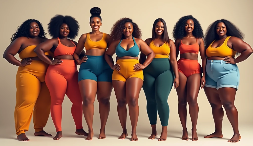 Group of women with different body and ethnicity posing together to show the woman power and strength. Curvy and skinny kind of female body concept, full body shot