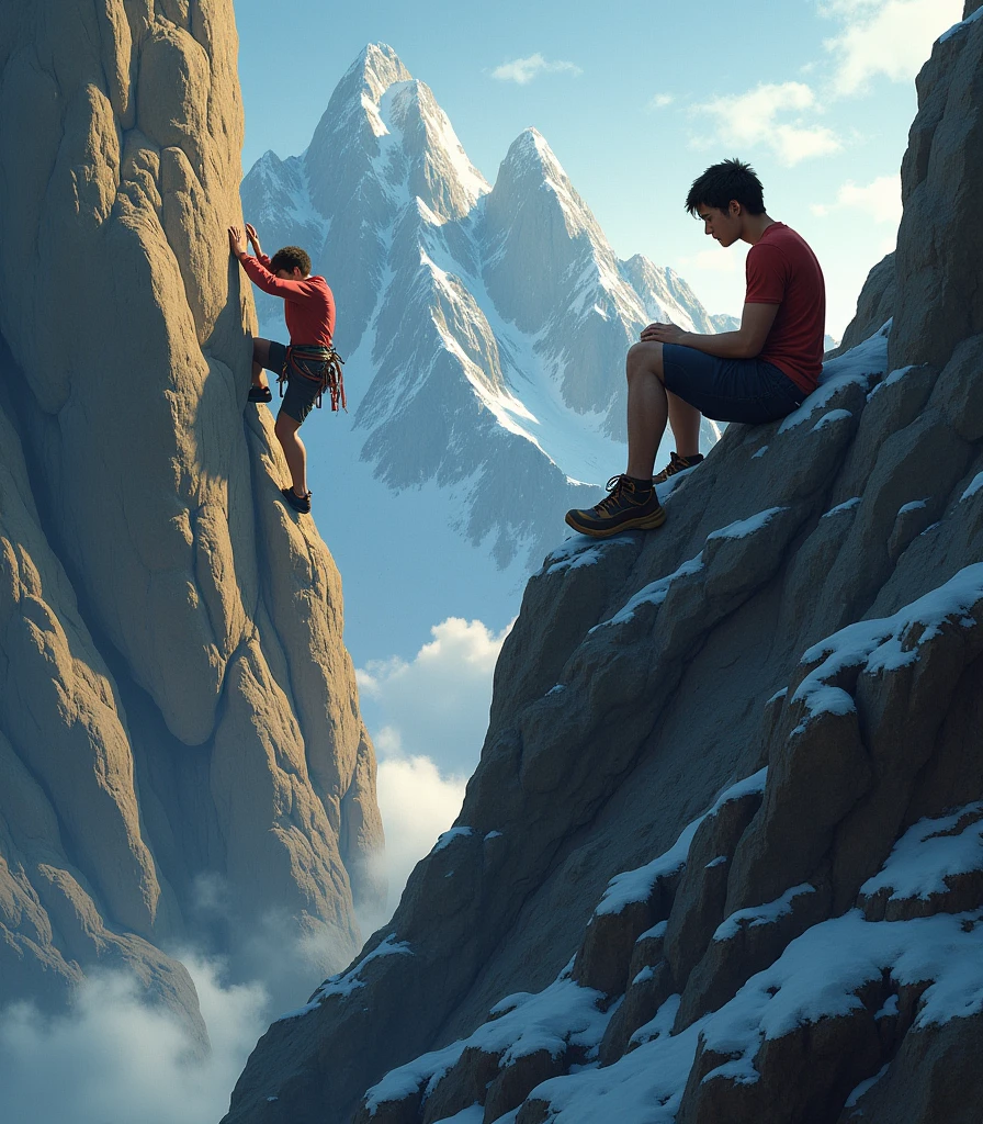 Depict a person on a challenging climb, nearly reaching the peak, symbolizing determination versus a person giving up halfway, sitting down in despair.