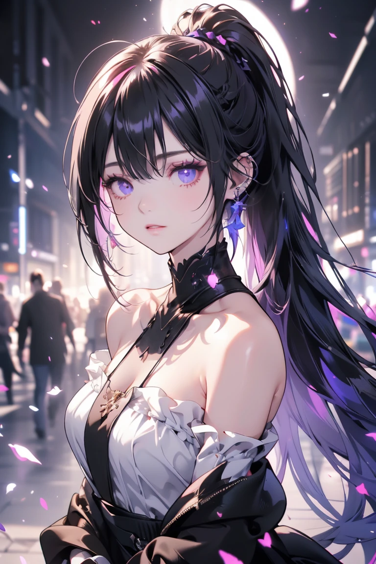 4K ultra - clear、best quality, masterpiece, Ultra-high resolution, (Reality: 1.4), 1 girl, Purple Eyes, Off-the-shoulder sweater dress, light、purple and black hair、(My girl、My cosmetics)、(Ear piercing、Large Breasts、Oversized off-the-shoulder black T-shirt、Dark miniskirt)、((Dark Makeup、Oily skin,Shiny skin、Realistic skin texture、Delicate and beautiful skin、Glowing skin)), Dark city center at night、Kabukicho、Dark Cyberpunk、(panoramic:1.8)(masterpiece, best quality, Extremely detailed, The best shadow), (Detailed background,Dark Fantasy), (Beautiful and delicate face), High contrast, (Optimal lighting, Extremely delicate and beautiful), ((light)), rich and colorful, Ultra Detail, Dramatic Light, Intricate details, (1 girl, Solitary,Black Hair, Pointed face,Low double ponytail,Red Eyes, Hair between the eyes,Dynamic Angle), Blood splatter, Black light swirling around the character, Depth of Field,Black light particles,(shattered glass),Magic Circle,