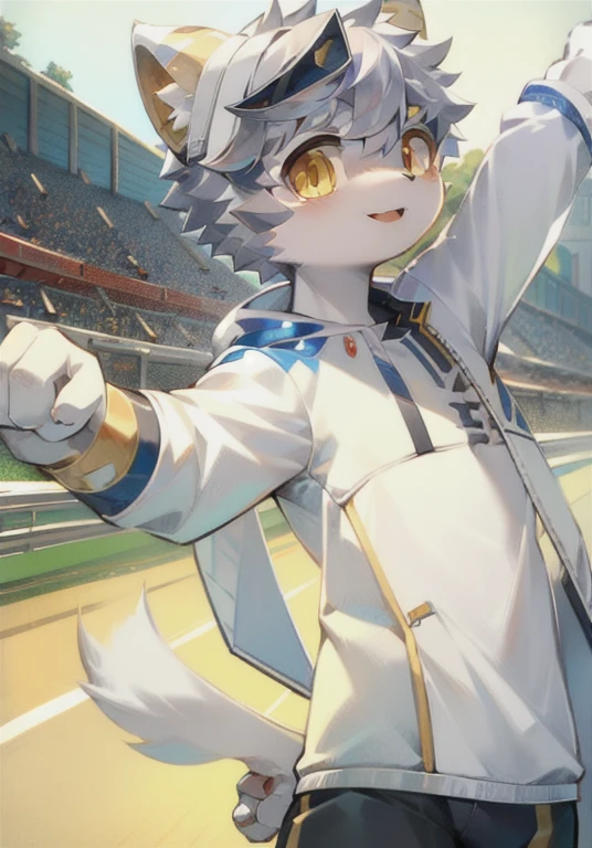 White male cat，boys，cute，Q version，Silver Hair，Detailed background，，Golden Eyes，Racing，Driver，Wear a helmet，倚靠在Racing旁
