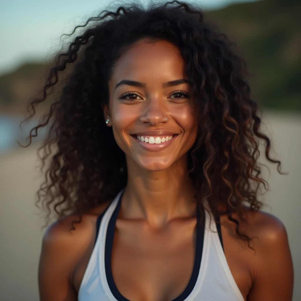 L'image représente une jeune femme à l'expression enjouée. Elle a la peau bronzée, les yeux marrons Cheveux noirs long et ondulés, elle porte une tenue de sport, on voit son entierement so n buste sur la photo