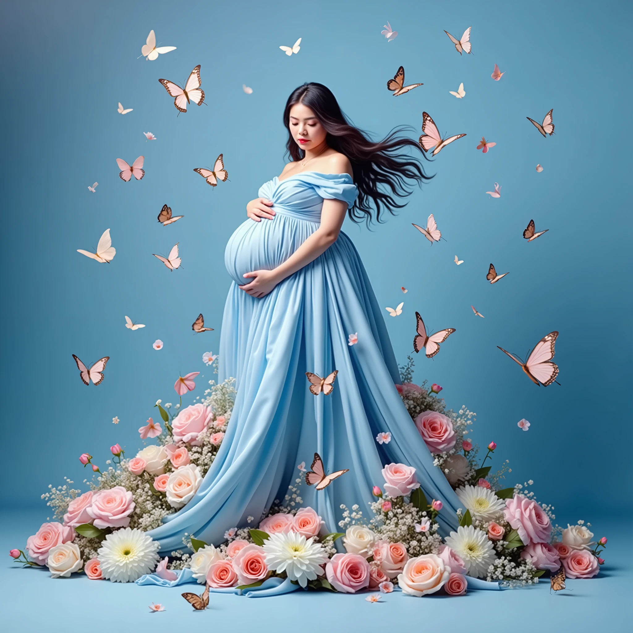 pregnant woman in a blue gown surrounded by flowers and butterflies, an album cover by Willie Ito, shutterstock contest winner, rococo, queen of flowers, official artwork, maternal photography 4 k, cover shot, promo image, flower queen, real photoshoot queen of oceans, with a blue background, portrait of queen of dreams, alternate album cover, promo shot, promo photo