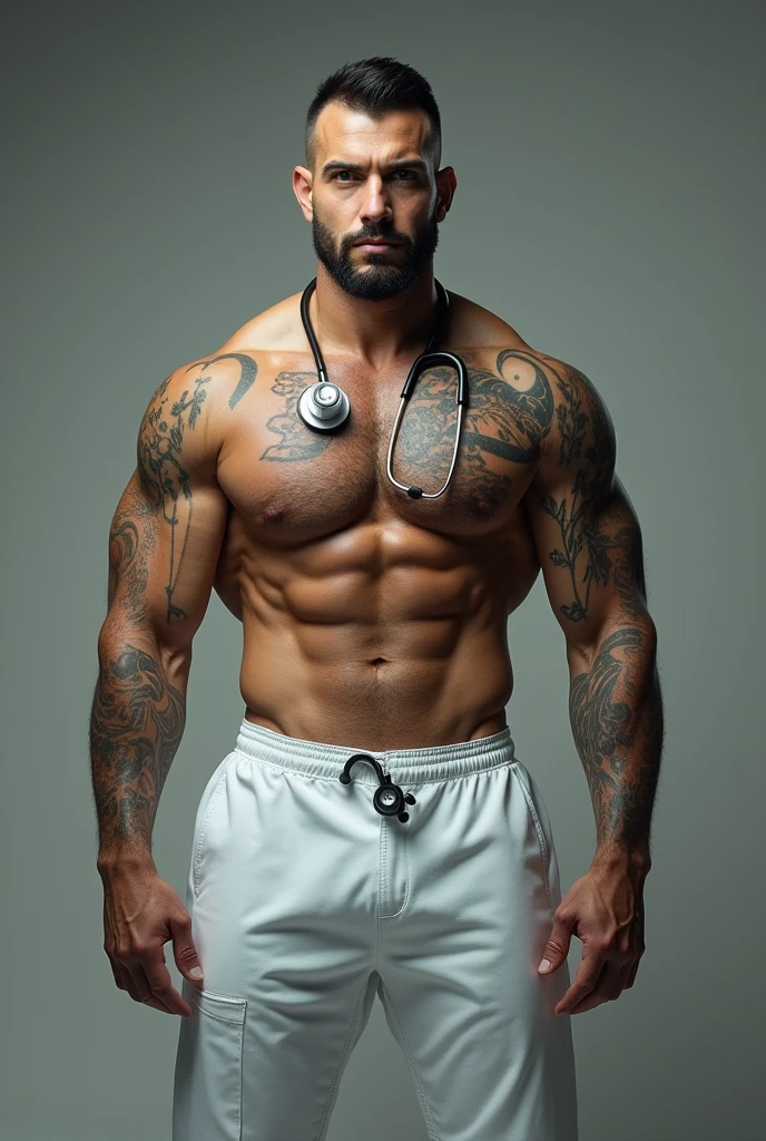 A muscular gym worker doctor, wore a half of his working white doctors suit, with heartbeat check, looking forward with tattoo, full face view