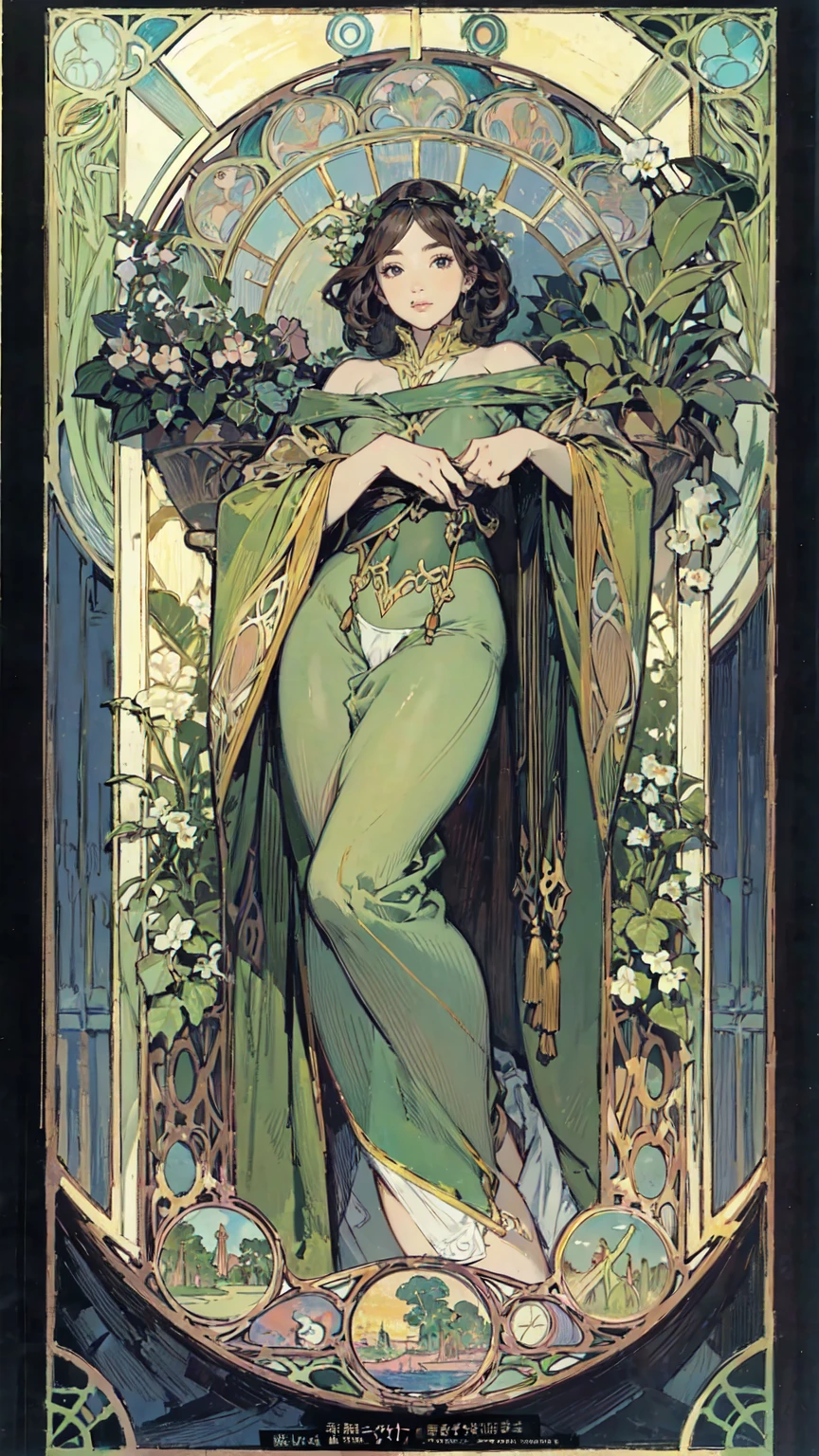 Detailed Background、Mucha style、Art Nouveau、Plants tying up the subject's arms or legs、(White underwear:1.2)、(masterpiece、Highest quality、Highest quality、Detailed and careful line drawings)、Vintage Color、colorful、Anatomically correct、Written boundary depth、Flat Shading、Bokeh、(Toned body, Thick thighs:1.2)、(Showing off your armpits)、Pussy、Camel Toe、Expressive eyes、Perfect Face、Black Hair、Okabo Hair、Resolute、Bold Pose