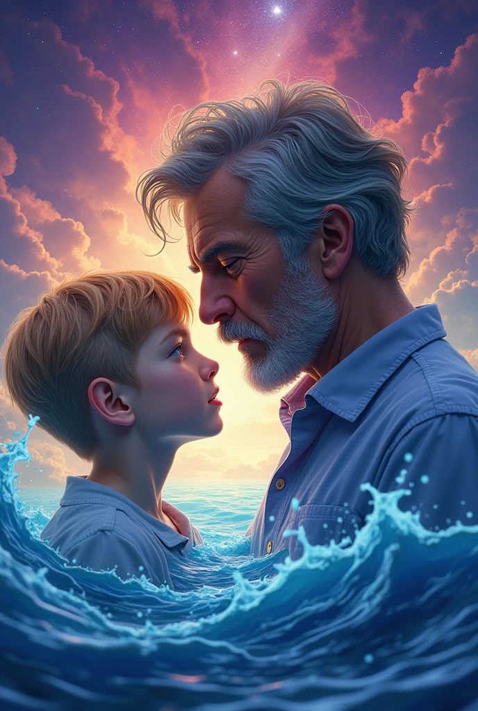 digital art style，The background should be a purple sky gradient to the deep blue sea below.，The main character is a middle-aged man with brown hair interspersed with a blond boy，The middle-aged man with brown hair is what the blond boy will look like when he grows up，They are intertwined because of time and space。