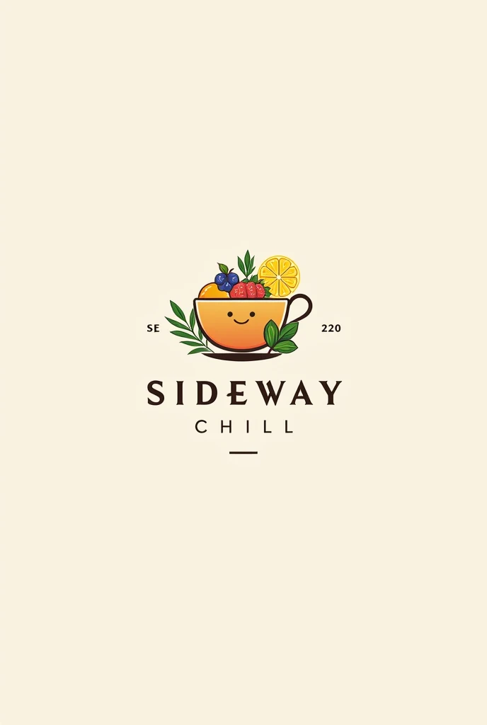 Make me a minimal logo for my Fruit tea drinks store like named "Sideway Chill" include a minimal cup in the design with lively creative fruits design