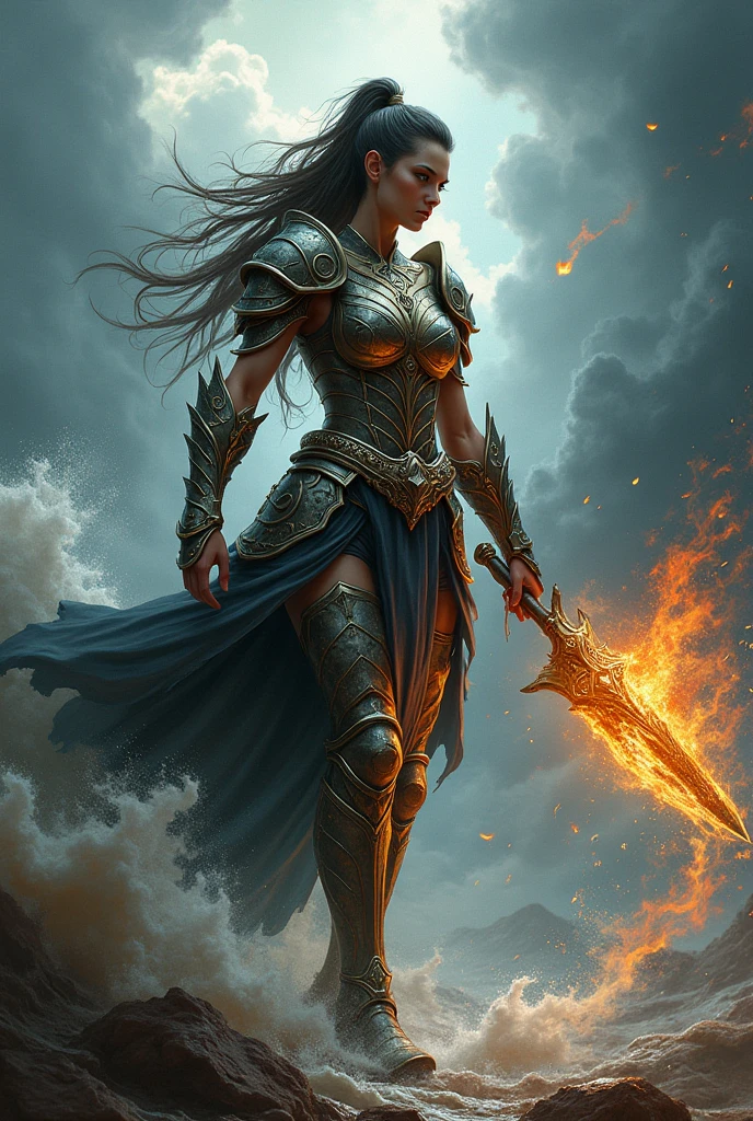 Create an artwork depicting a woman who is a force of nature, capable of destroying everything in her path. Imagine her as a tempest, surrounded by swirling winds and dark clouds. She wears a warrior's armor, her eyes filled with a fierce determination. In her hand, she wields a weapon that could shatter the world
