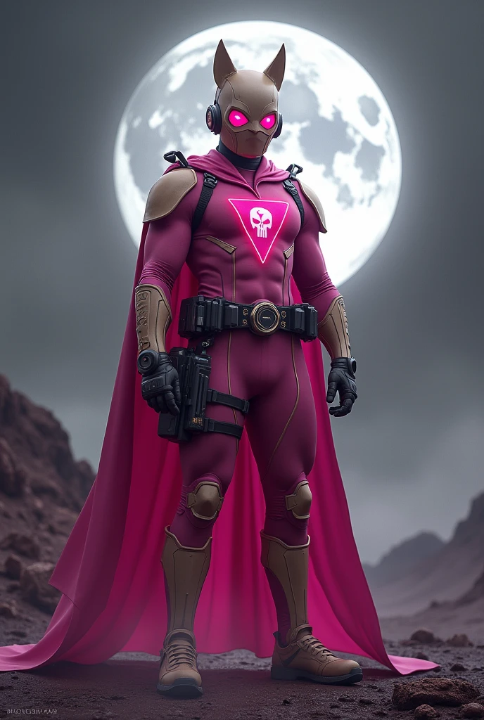 high-tech suit, vivid effects, malaysian superhero (KELUANG MAN) in a striking pink and beige costume cyberpunk design, mask small mini bat ear beige, daredevil biage mask, jumpsuit dark pink stands confidently in a dramatic, stormy landscape. ((Head covered node guard))The character wears a helmet with pointed ears and a flowing cape. Equipped with visible futuristic weapons on a belt, dark day, dark night, big supermoon effect .logo on chest triangle shape small punisher logo center triangle cyber logo center on chest pink logo . The ground is uneven and rocky, adding to --ar 3:4 --style raw --stylize 500 --v 6.1