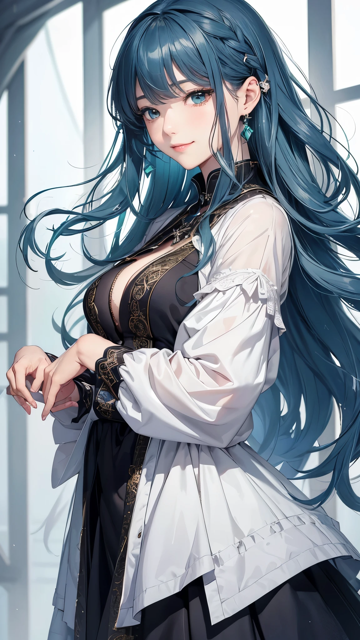masterpiece、Highest quality、High resolution、High-quality images、8k, 1 female、Skin Radiance、Texture of skin and clothing、Expression of fine eyes、Manga inspired by Lee Jong-suk, Trending on deviantart, realism, detailed manga style, Manga art style, Perfect line drawing, Beautiful line art, digital manga art girl, K-POPアイドル, Fuller lips, Gorgeous face with attention to detail, (smile), charm, Innocent, Side view, (Perfectly detailed face), (Beautiful Hands) Photorealistic images, Written boundary depth,evening、Adult female、Long Hair、Wavy Hair、Light blue hair、Green Eyes、Long ears、