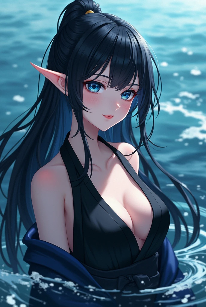 Black haired deep ocean eye elf wearing black yukata anime style