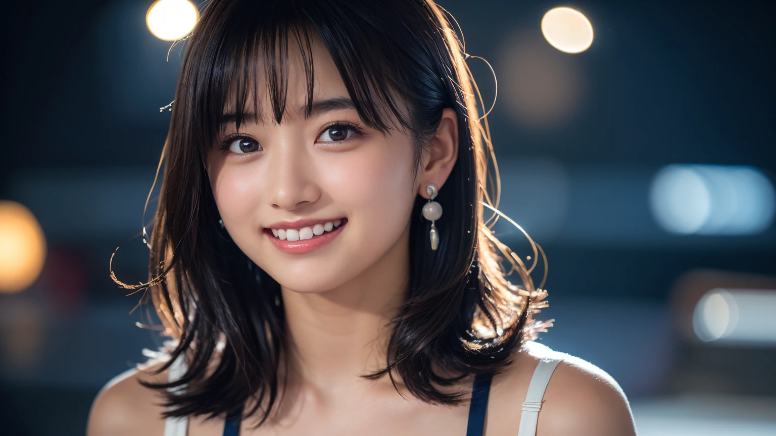 (8k, RAW Photos,Highest quality, High resolution:1.1), (Ultra-realistic:1.4),(Realistic:1.4), Realistic Face,Ample breasts,Realistic Skin,masterpiece,(cute:1.8), Japanese, ((Navy blue bra)), Upper Body, Beautiful dark eyes,Innocent eyes,Cinema Lighting,Film Grain,jewelry,Earrings,((Medium Hair:1.1)),Cherry colored lips,Hair Ribbon,ponytail,Audience,Long Hair,,Open your lips,Upper teeth, (Smiling Eyes:0.6),((Grin:1.3)),Blurred Background, Eye focus , Bokeh,young, 85mm lens, Photon Mapping,Radio City,