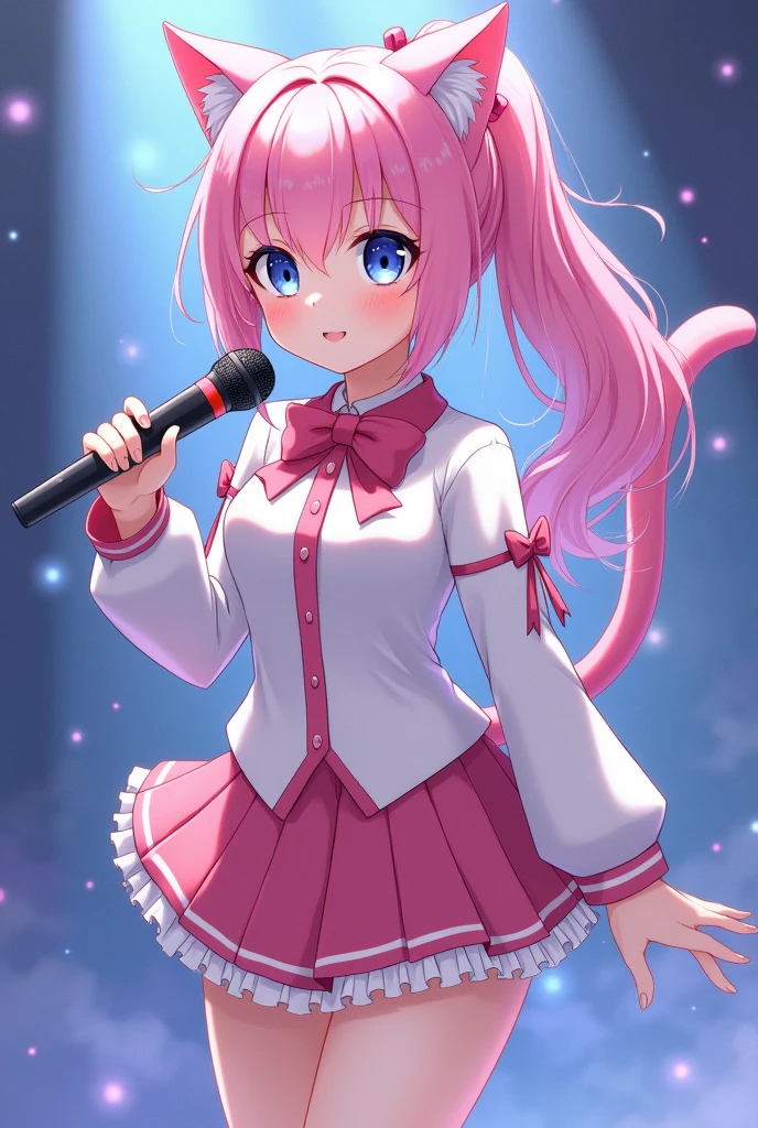 A magical girl with anime aesthetics who is an idol with long pink hair in a ponytail and cat ears and tail., blue eyes, wearing a short skirt and with a microphone in her hand singing

