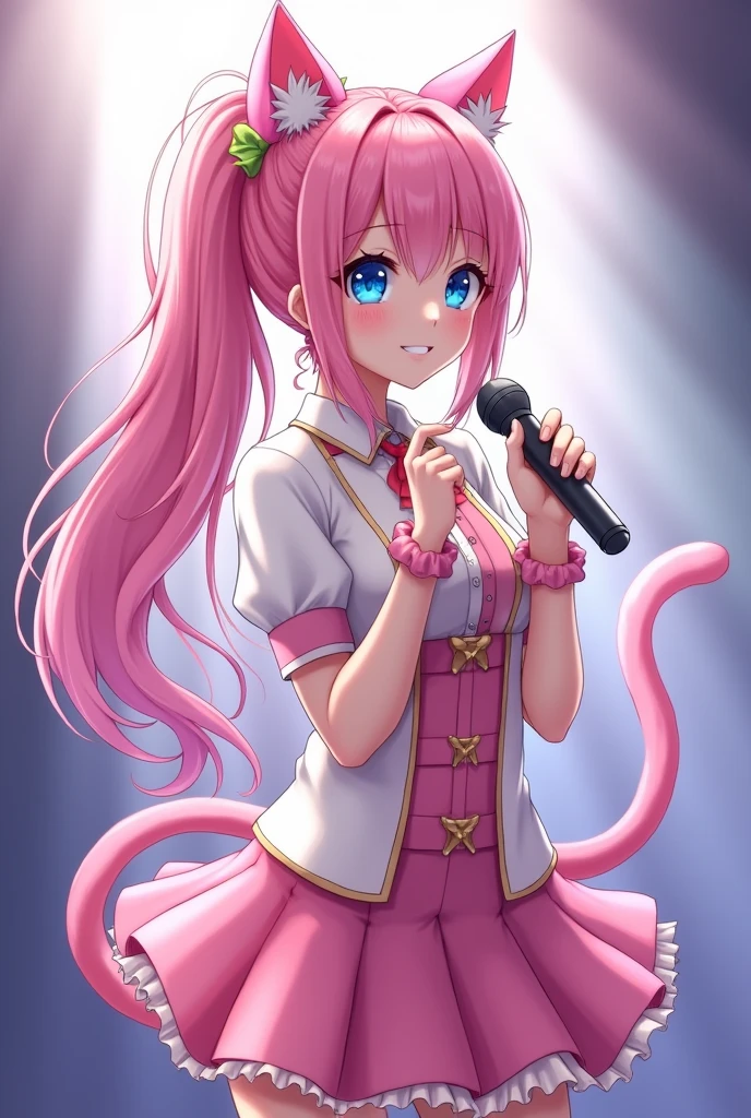A magical girl with anime aesthetics who is an idol with long pink hair in a ponytail and cat ears and tail., blue eyes, wearing a short skirt and with a microphone in her hand singing