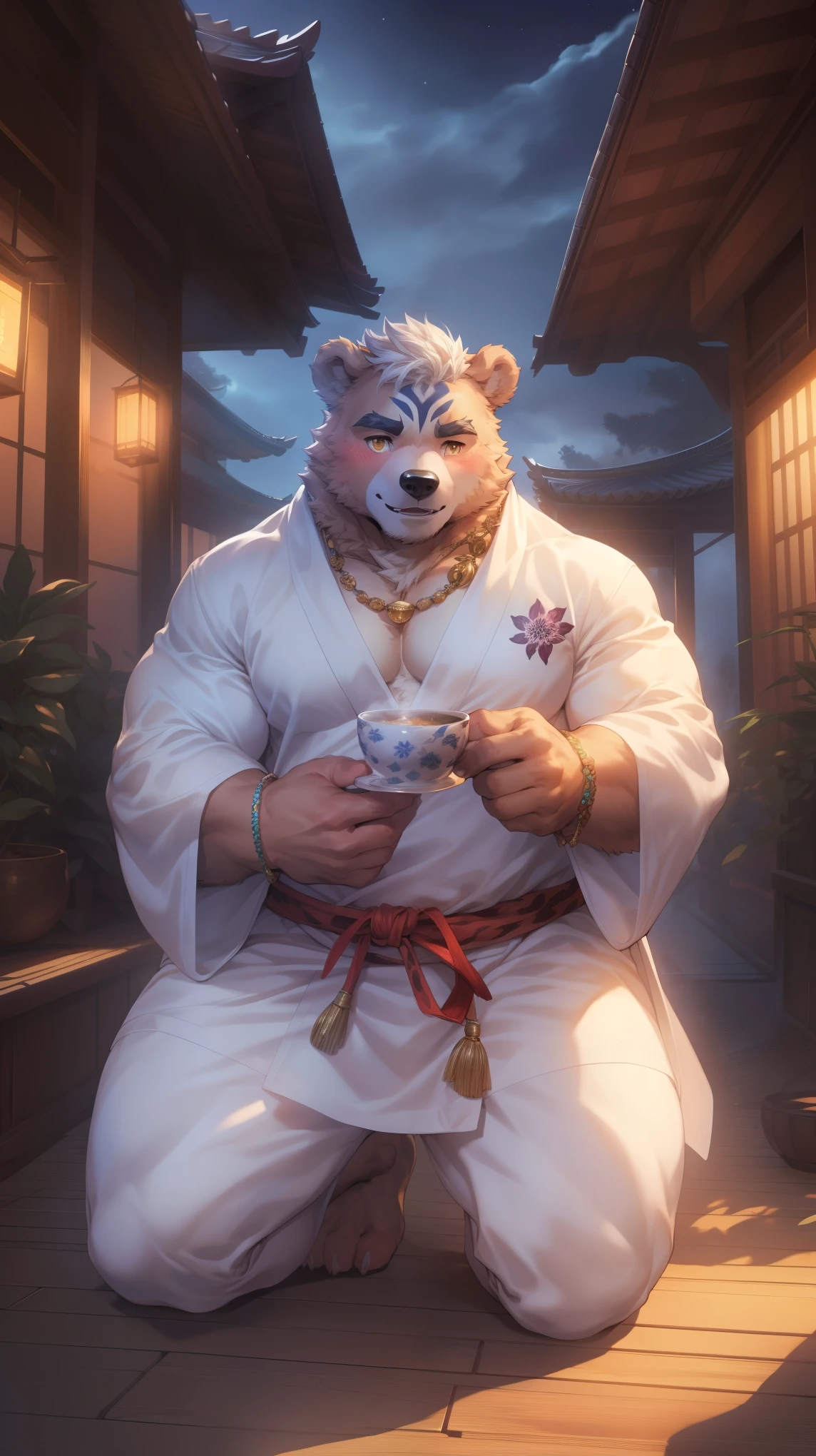 (By Empty Ghost, From thebigslick, By Dark Gem, Will chase), Keyuan Building (Onmyoji Daisenji Temple), High quality photos, Perfect anatomical structure, Anthropomorphic white bear, male, 20 years old, (bear print), Thick eyebrows, short hair, Strong body, Pectoralis major, White Kimono, Lotus pattern embellishment, Small bump, Pink milk clusters, Kneeling on the wooden floor of the courtyard, Drink tea, Shy expression, blush, Golden pupils, Look up at the audience, Clear facial features, Strong, solitary, Bottom view, Full body portrait, night, Foggy atmosphere, In the classical garden, refreshment, White pebbles can be seen everywhere, wild plants, (By Empty Ghost, From bear20, masterpiece, high quality, high resolution, 8k)