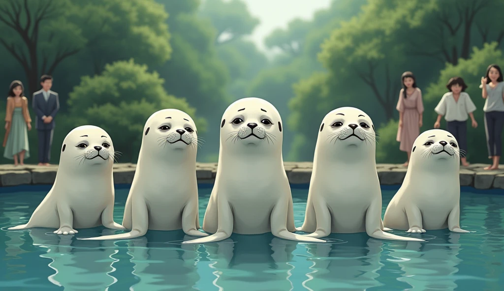 Digital Art、There are five seals in the pool、The five seals have sad faces、Five Japanese people are very happy to see five seals.