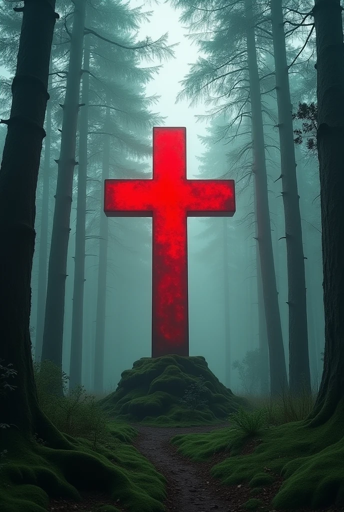 Red
cross in a forest with lot of tall trees with foggy background