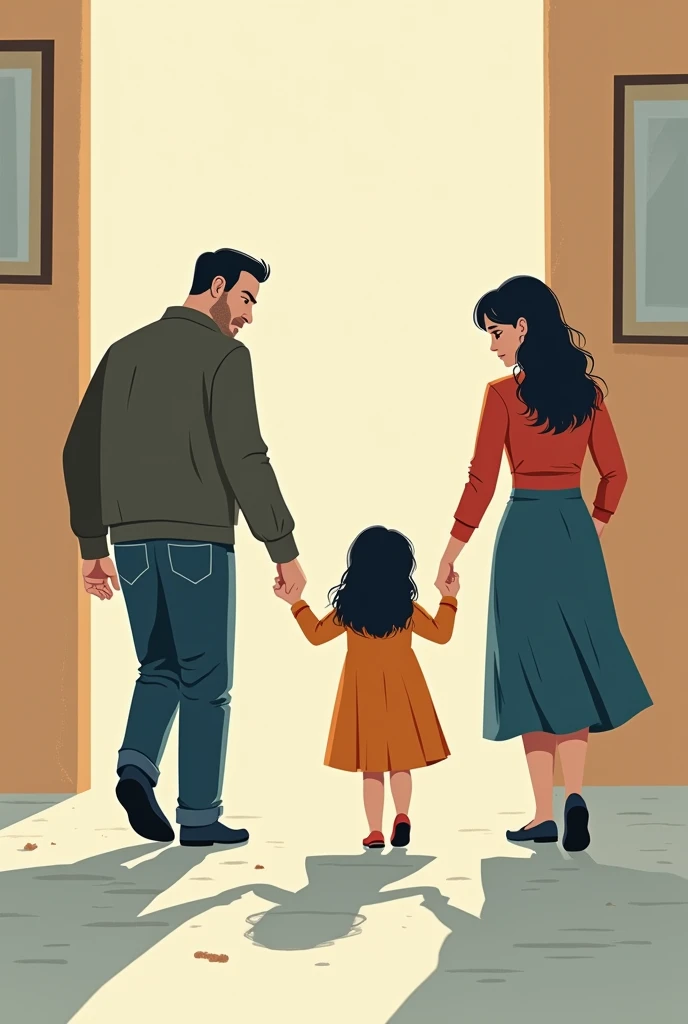 Drawing of a broken family. Which The father and daughter are going to the left side and the mother is going to the right side. Clipart drawing that easy to trace
