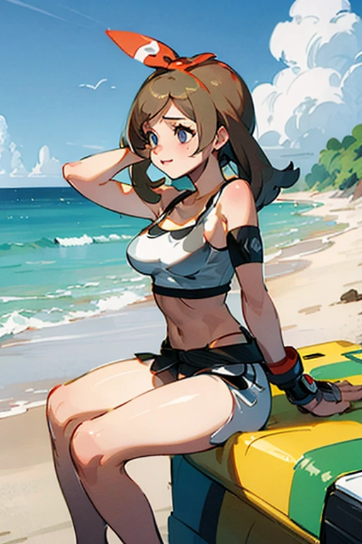 Tifa in a Pokémon world, is wet and sitting on the beach