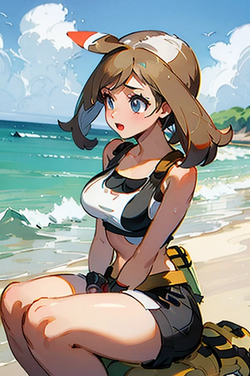 Tifa in a Pokémon world, is wet and sitting on the beach