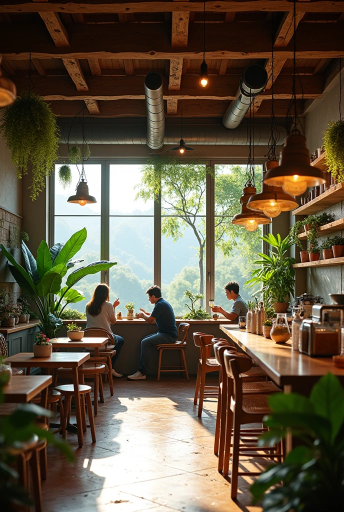 interior of coffee shop, garden style, beautiful landsacape, raw photo, 8k uhd, dslr, sort lighting