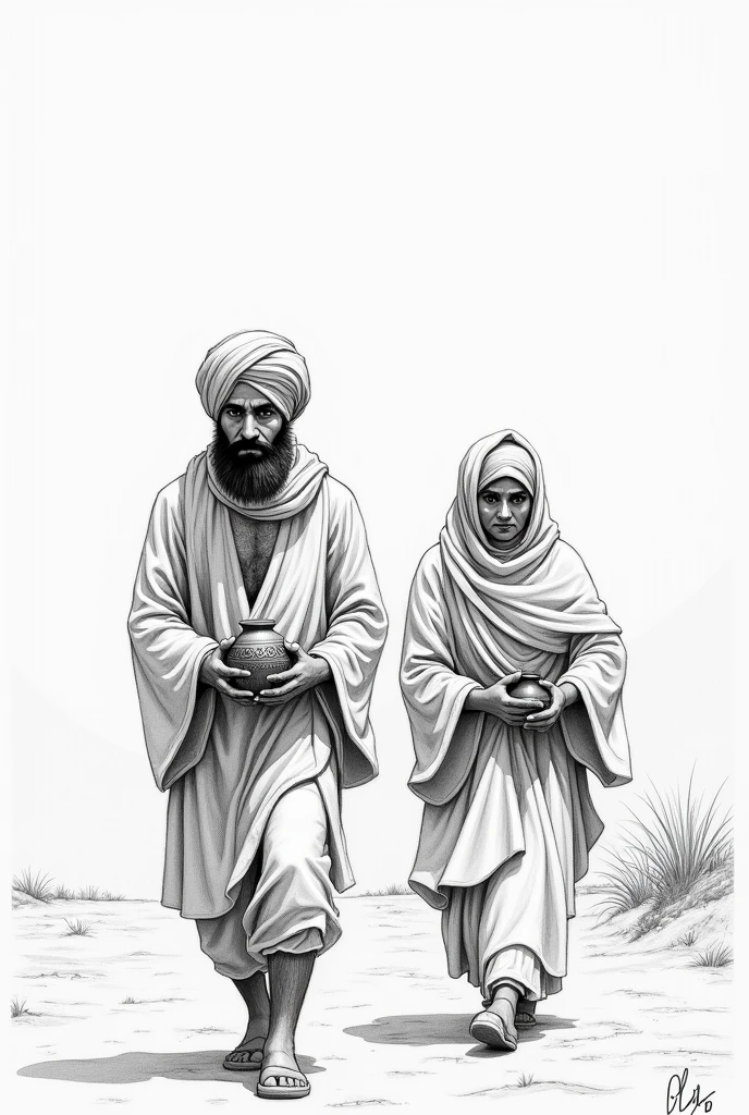 Two Punjabi people of old Indian Empire, coming towards in baren land in background , taking ash pot of their emporer , pot is small , in pencil sketch format, pot is holded by one man from base of pot ,both faces seems sad ,and their pugdi is perfectly Punjabi and dressing also, those peoples scale in size is little bit low rather than background land
