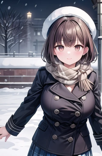 Solo Girl, 20-year-old,Medium Hair, Dark brown hair, Brown eyes, Big Breasts Happy,pea coat,beret,Fluffy scarf,Maxi Skirt ,Outdoor, winter,snow, Highest quality, High resolution, Very detailed, Detailed Background, Perfect lighting