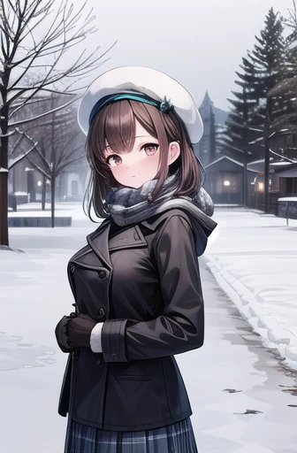 Solo Girl, 20-year-old,Medium Hair, Dark brown hair, Brown eyes, Big Breasts Happy,pea coat,beret,Fluffy scarf,Maxi Skirt ,Outdoor, winter,snow, Highest quality, High resolution, Very detailed, Detailed Background, Perfect lighting