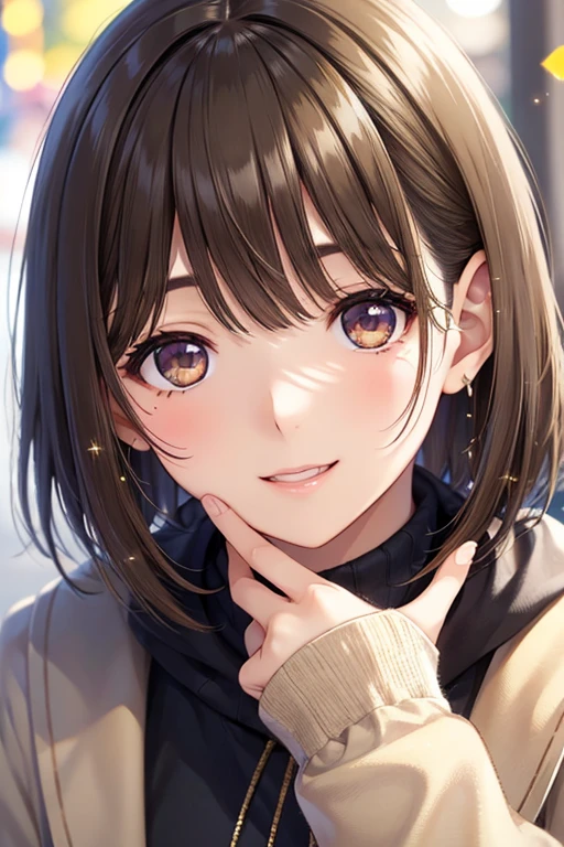 anegasaki nene、Shiny brown hair, short hair, (Beautiful brown eyes、Sparkling eyes, Fine grain)、smile、Ultra-detailed eyes、Highly detailed face, Highly detailed eyes,
Highly detailed face, ((Drop your eyes)), cute, Vibrant colors, Soft natural light, Bokeh effect. Winter clothing, Perfect Makeup, Professional photography, Street Snapshots, Vibrant colors, (smile, Laughter),
